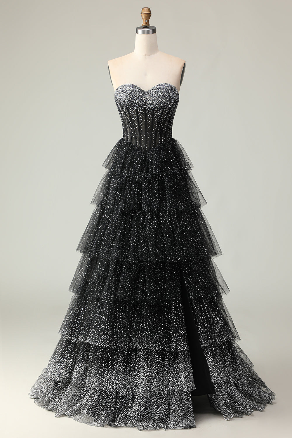 Sparkly Black and White Polka Dots Ruffled Sweetheart Long Corset Prom Dress