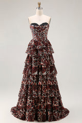 Brown Leopard Tiered A Line Strapless Long Prom Dress with Slit