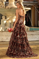 Brown Leopard Tiered A Line Strapless Long Prom Dress with Slit