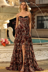 Brown Leopard Tiered A Line Strapless Long Prom Dress with Slit