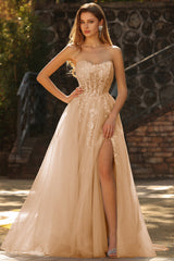 Sparkly Champagne Floral A-Line Long Prom Dress with Detachable Sleeves