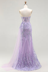 Sparkly Floral Purple Mermaid Sequin Long Corset Prom Dress with Slit