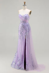 Sparkly Floral Purple Mermaid Sequin Long Corset Prom Dress with Slit