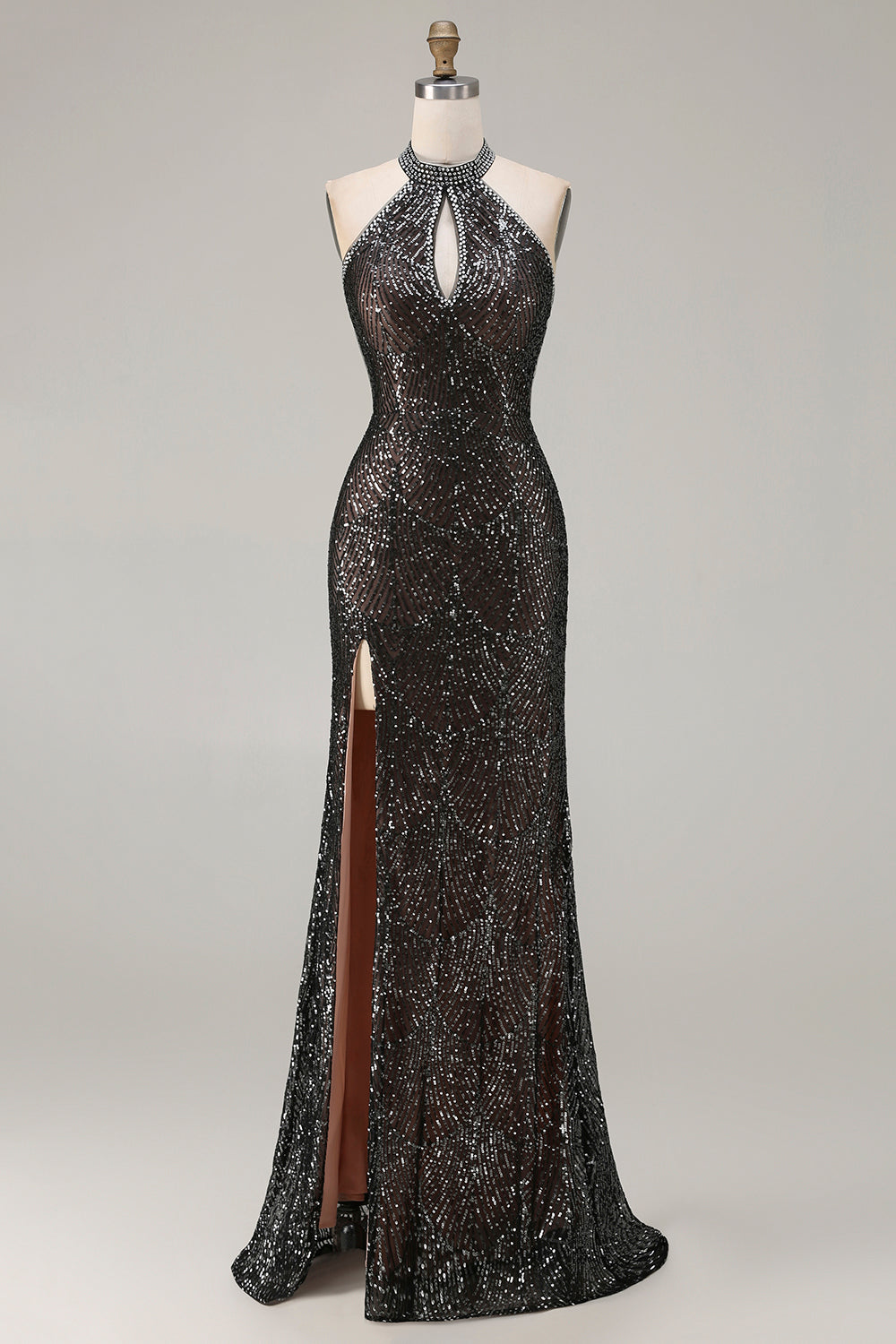 Sparkly Black Halter Neck Mermaid Sequins Long Prom Dress with Slit