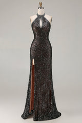 Sparkly Black Halter Neck Mermaid Sequins Long Prom Dress with Slit