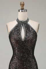 Sparkly Black Halter Neck Mermaid Sequins Long Prom Dress with Slit
