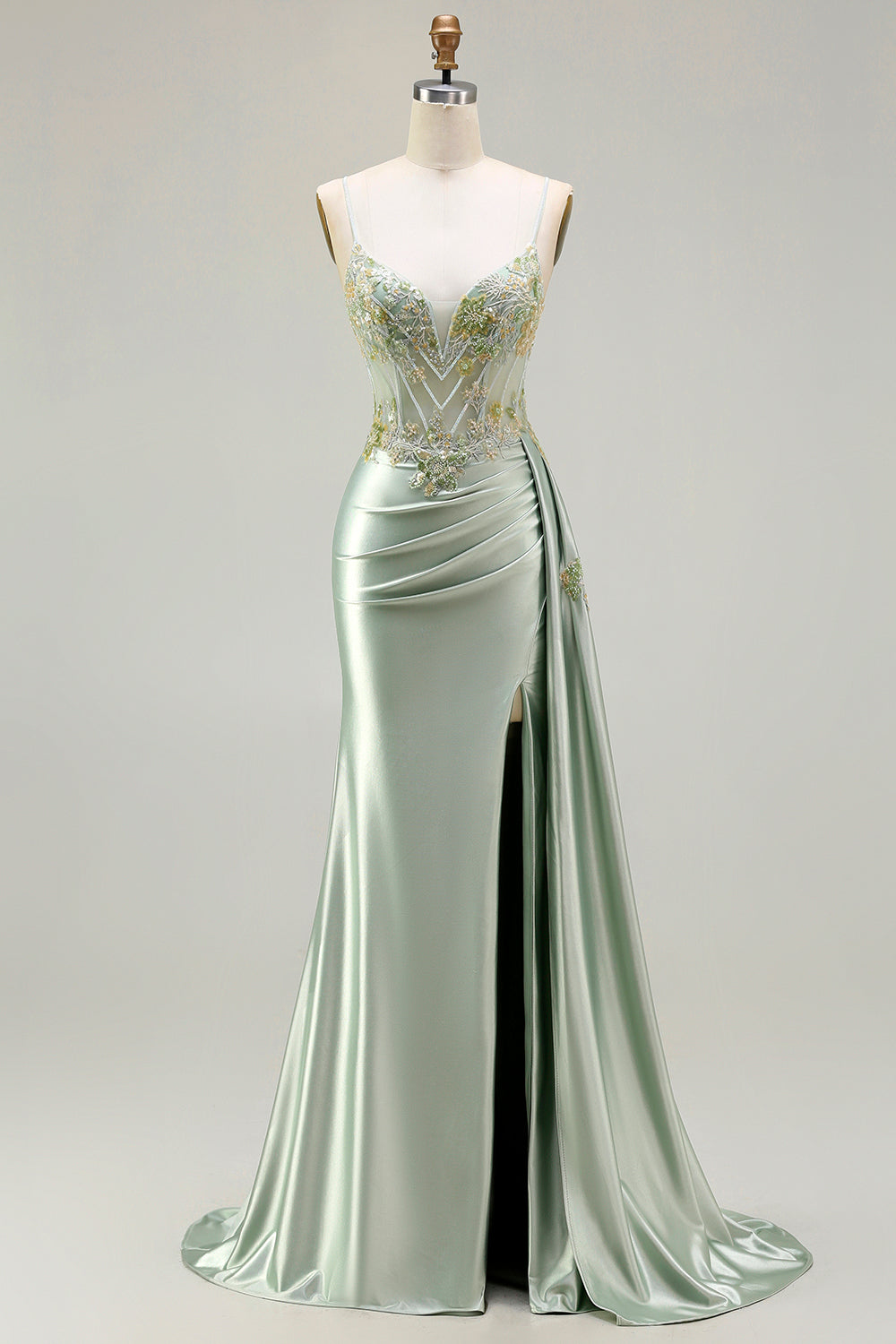 Sparkly Green Floral Mermaid Long Corset Prom Dress with Appliques
