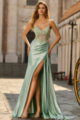 Sparkly Green Floral Mermaid Long Corset Prom Dress with Appliques