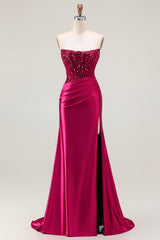 Sparkly Burgundy Mermaid Beaded Long Corset Prom Dress with Slit