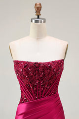 Sparkly Burgundy Mermaid Beaded Long Corset Prom Dress with Slit