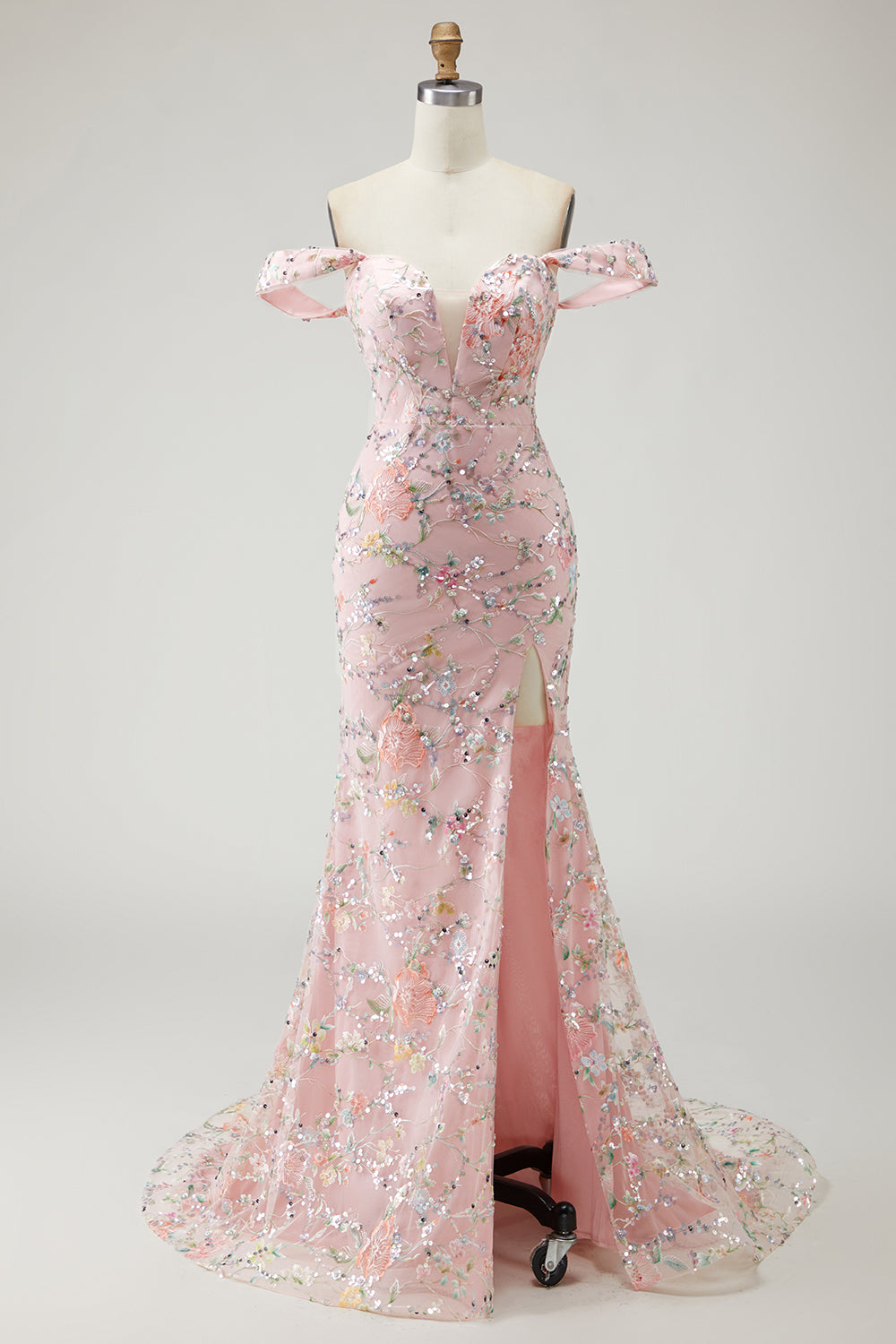 Blush Floral Mermaid Long Prom Dress with Embroidery