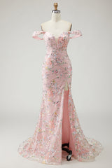 Blush Floral Mermaid Long Prom Dress with Embroidery
