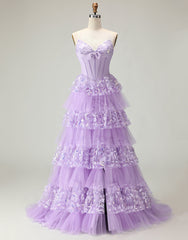Sparkly Purple A Line Strapless Long Corset Prom Dress with Butterflies