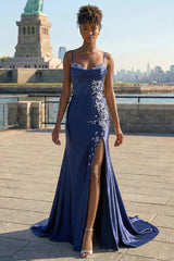 Navy Floral Satin Appliqued Mermaid Long Corset Prom Dress with Slit