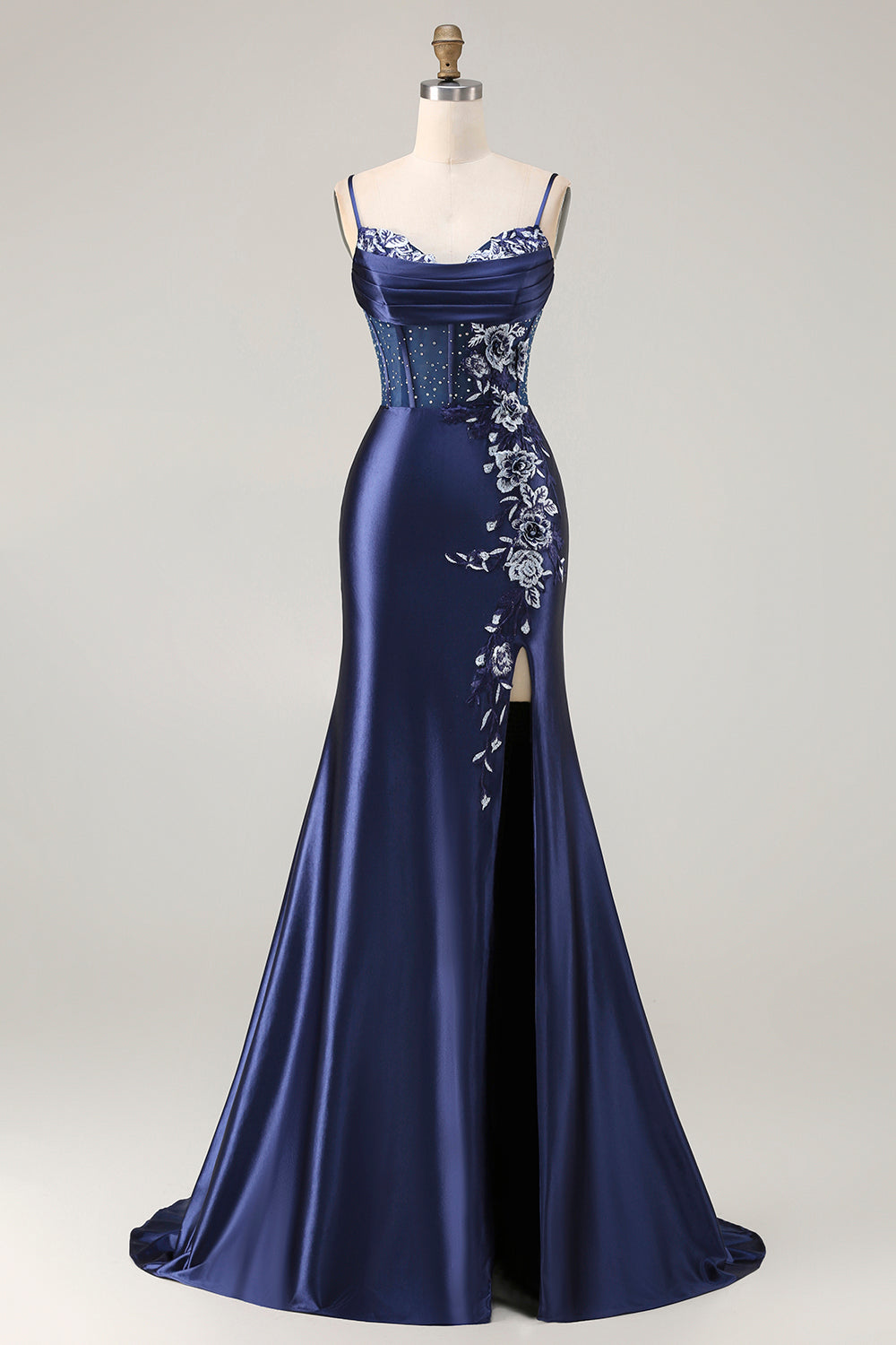 Navy Floral Satin Appliqued Mermaid Long Corset Prom Dress with Slit