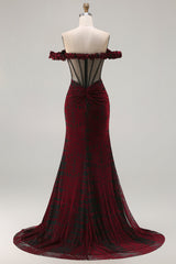 Floral Black and Red Mermaid Long Corset Prom Dress with Slit