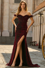 Floral Black and Red Mermaid Long Corset Prom Dress with Slit