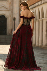 Floral Black and Red Mermaid Long Corset Prom Dress with Slit