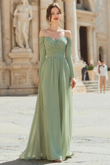 Sage Green Off the Shoulder Chiffon A-Line Long Bridesmaid Dress with Sleeves