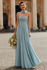 Dusty Blue Sweetheart Chiffon Ruched A-Line Long Bridesmaid Dress