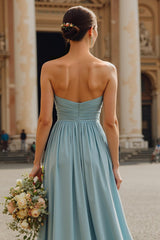 Dusty Blue Sweetheart Chiffon Ruched A-Line Long Bridesmaid Dress