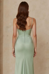 Dusty Sage Spaghetti Straps Satin Mermaid Long Bridesmaid Dress with Slit