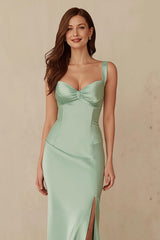 Dusty Sage Thick Straps Satin Mermaid Long Bridesmaid Dress with Slit