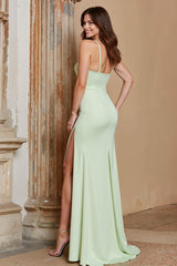 Dusty Sage Halter Satin Mermaid Long Bridesmaid Dress with Slit