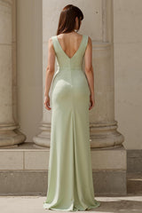 Dusty Sage Square Neck Satin Mermaid Long Bridesmaid Dress with Slit