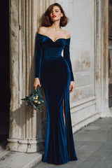 Dark Blue Velvet Mermaid Off the Shoulder Long Sleeves Bridesmaid Dress with Slit