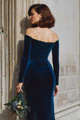 Dark Blue Velvet Mermaid Off the Shoulder Long Sleeves Bridesmaid Dress with Slit