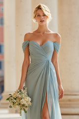 Grey Blue Off the Shoulder A-Line Chiffon Long Bridesmaid Dress with Slit