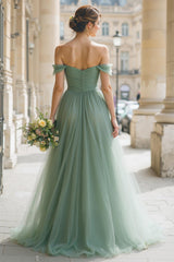 Eucalyptus Green Off the Shoulder Tulle A-Line Long Bridesmaid Dress