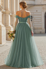 Eucalyptus Off the Shoulder Tulle A-Line Long Bridesmaid Dress