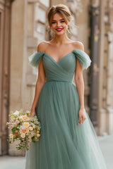 Eucalyptus Green Tulle A-Line Off the Shoulder Long Bridesmaid Dress