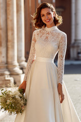 Vintage Ivory High Neck Satin Ball Gown Wedding Dress with Sleeves