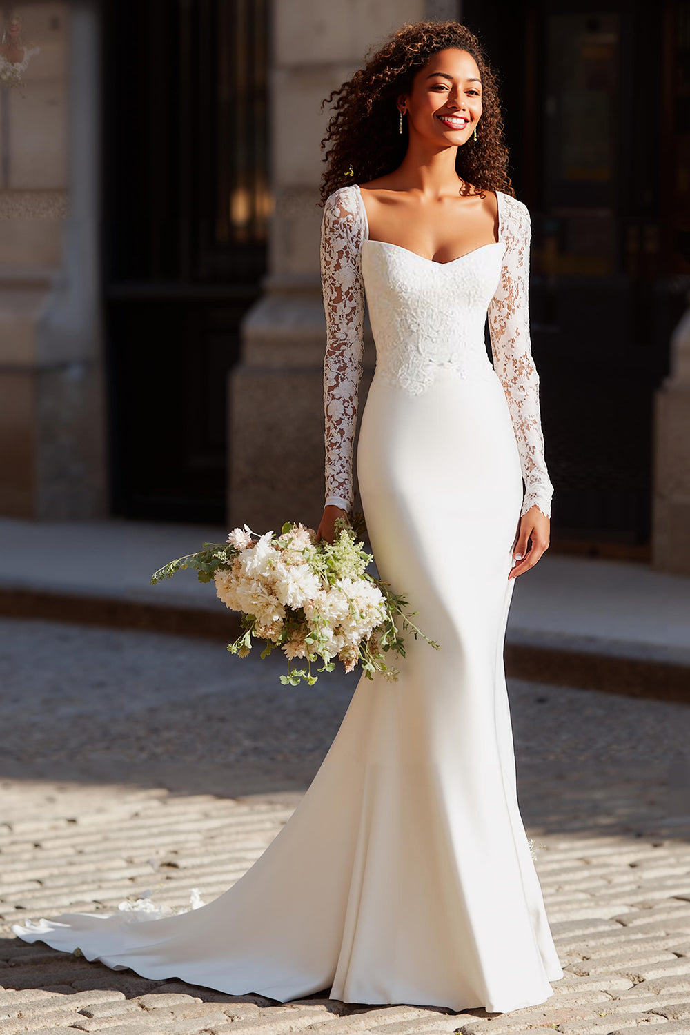 White Mermaid Scoop Neck Long Sleeves Wedding Dress with Lace
