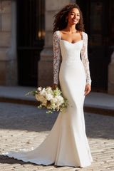 White Mermaid Scoop Neck Long Sleeves Wedding Dress with Lace