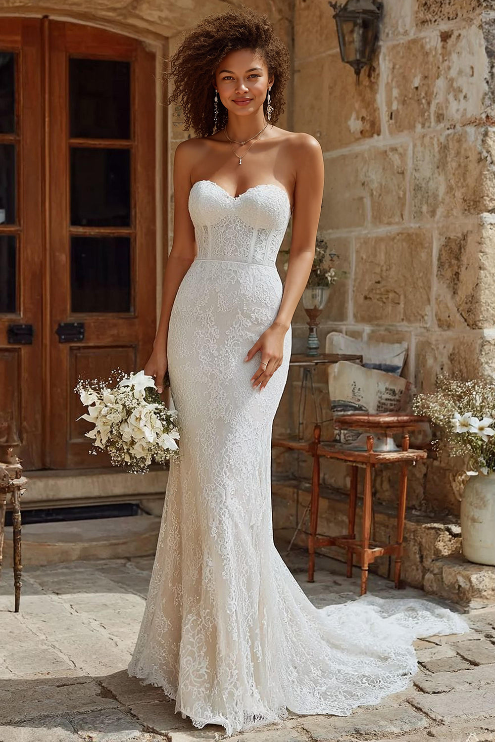 Ivory Corset Mermaid Lace Sweep Train Wedding Dress