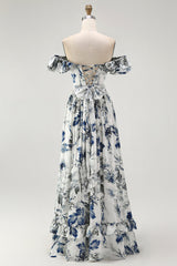 Blue Chiffon Floral A-Line Long Wedding Guest Dress with Ruffles