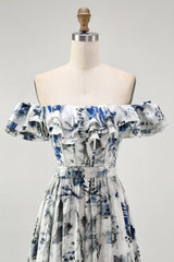 Blue Chiffon Floral A-Line Long Wedding Guest Dress with Ruffles