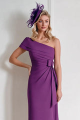 Grape One Shoulder Chiffon Midi Mother of the Bride Dress with Bow