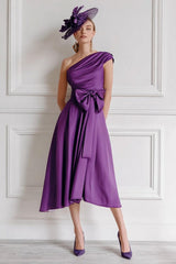 Grape A Line One Shoulder Midi Mother of the Bride Dress with Bow