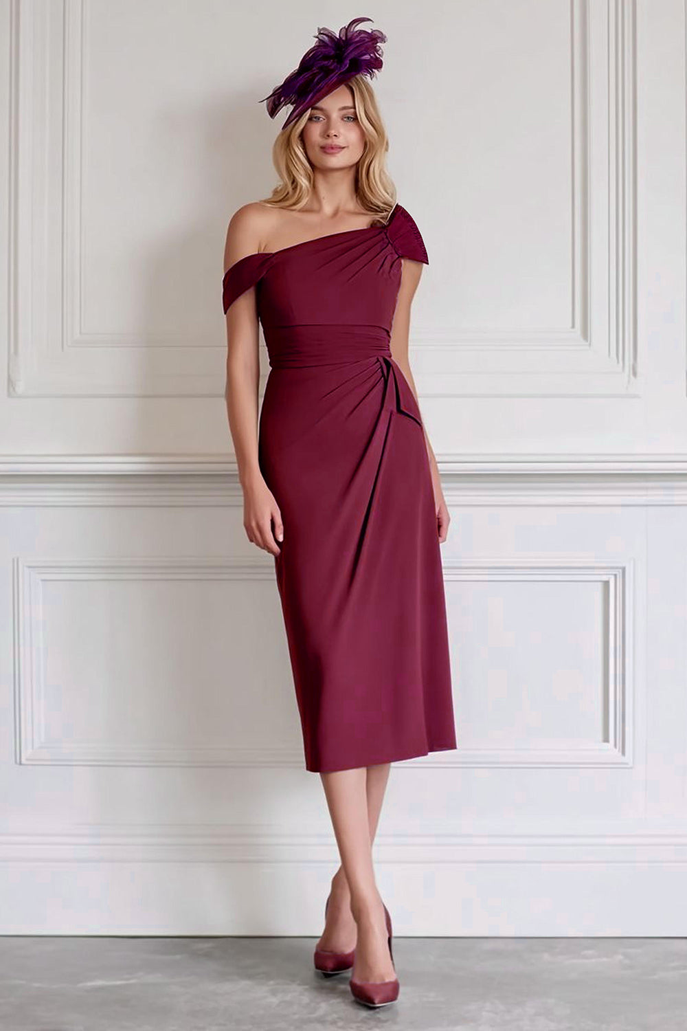 Burgundy Pencil One Shoulder Midi Mother of the Bride Dress