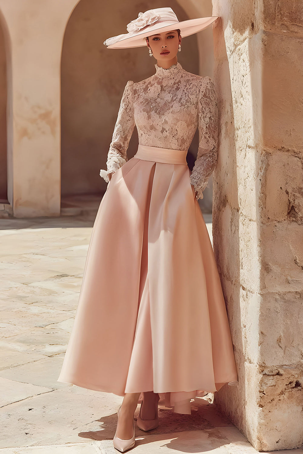 Candy Pink High Neck A Line Long Mother of the Bride Dress with Lace