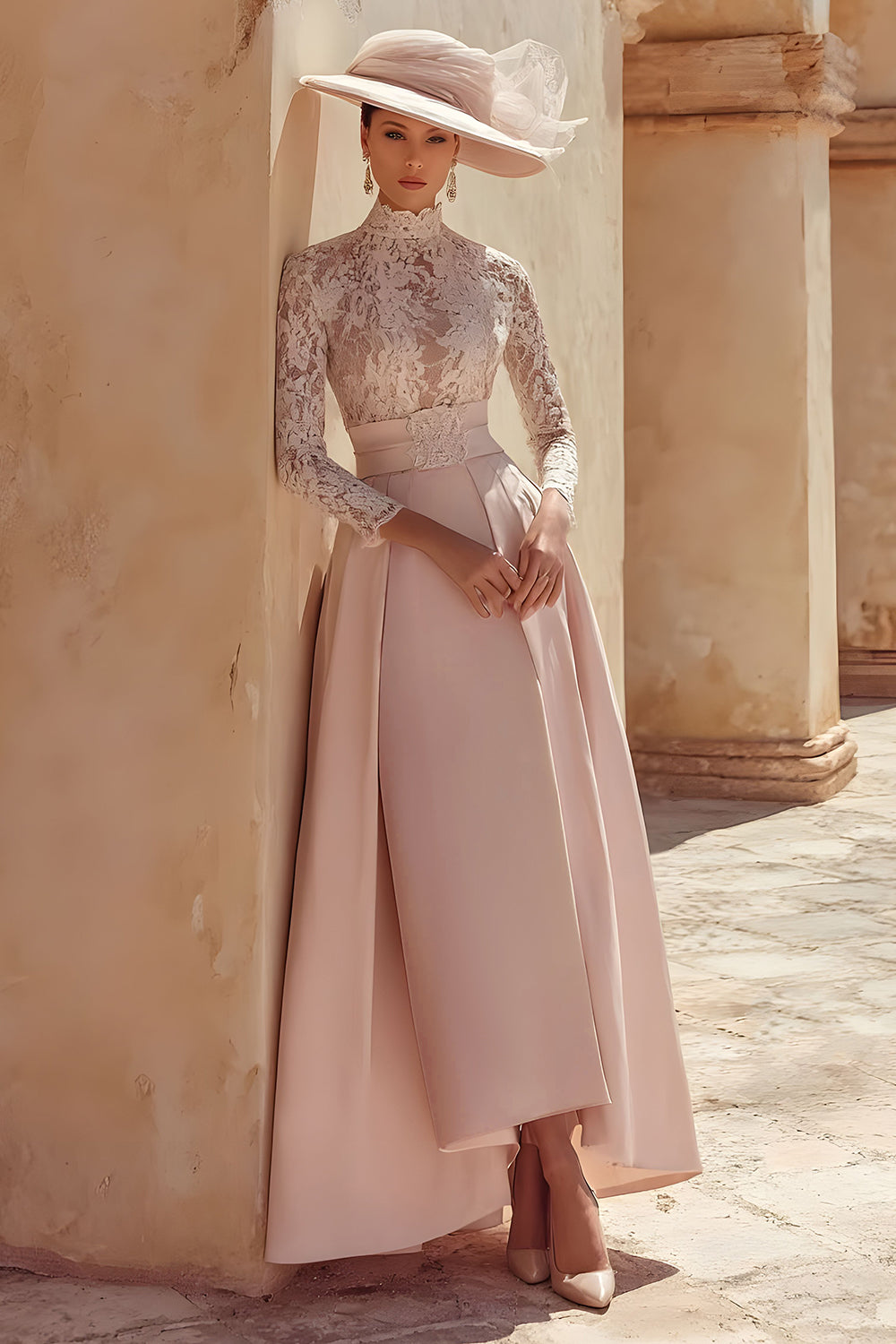 Candy Pink High Neck Long Mother of the Bride Dress with Lace