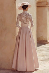 Candy Pink High Neck Long Mother of the Bride Dress with Lace