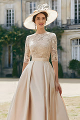 Blush Pink A Line Satin Long Mother of the Bride Dress with Lace