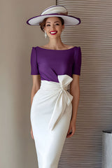 Grape Pencil Boat Neck Midi Mother of the Bride Dress with Bow