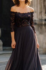 Black Off the Shoulder Chiffon Long Mother of the Bride Dress with Lace